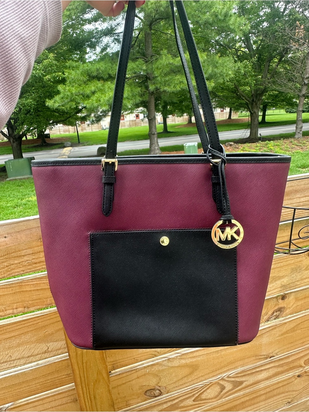 Michael Kors Plum and Black Saffiano Tote with Gold MK Charm